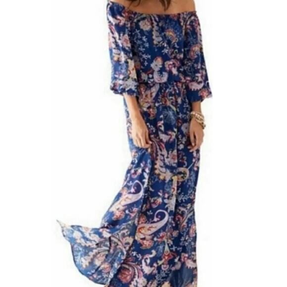 NWT Bisou Bisou Women’s Blue Floral Off The Shoulder Maxi Dress Plus Size 16 - Picture 1 of 11